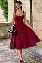 Square Neck Wide Strap Pleated Fit and Flare Midi Dress