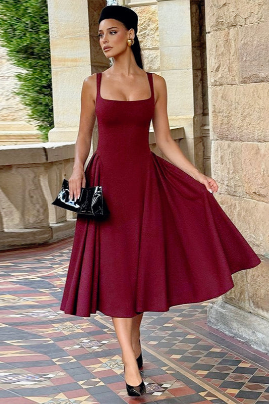 Square Neck Wide Strap Pleated Fit and Flare Midi Dress