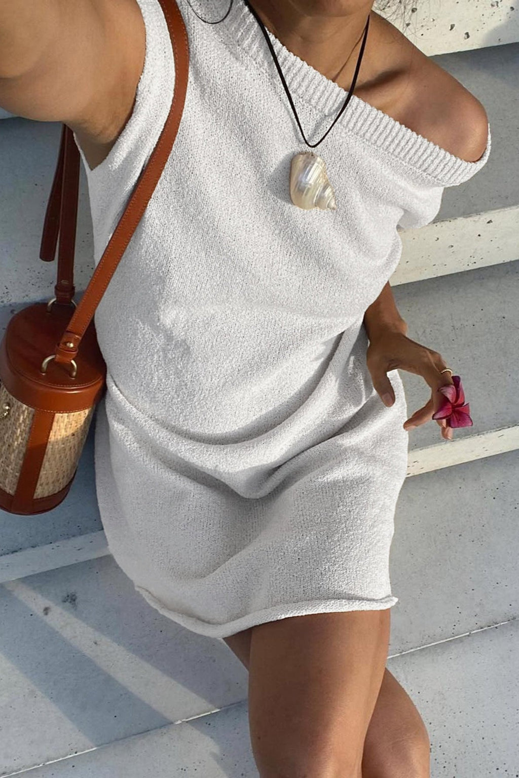 Ivory One Shoulder Ribbed Knit Texture Relaxed Mini Dress