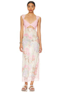 Lace Bodice Cutout Floral Print Satin Maxi Slip Dress