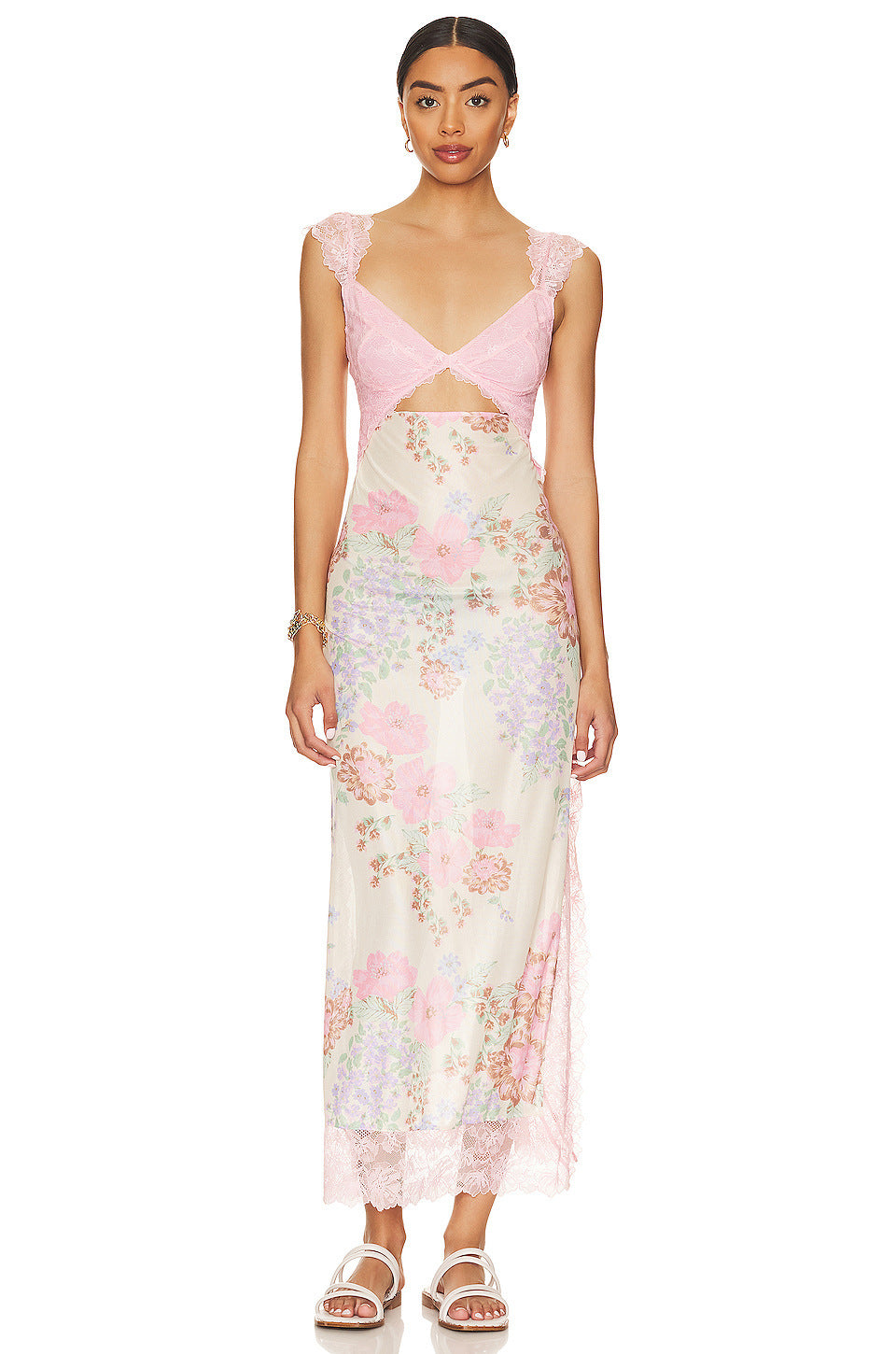 Lace Bodice Cutout Floral Print Satin Maxi Slip Dress