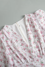White Deep V Neck Puff Sleeve Empire Waist Button Detail Ditsy Floral Midi Dress
