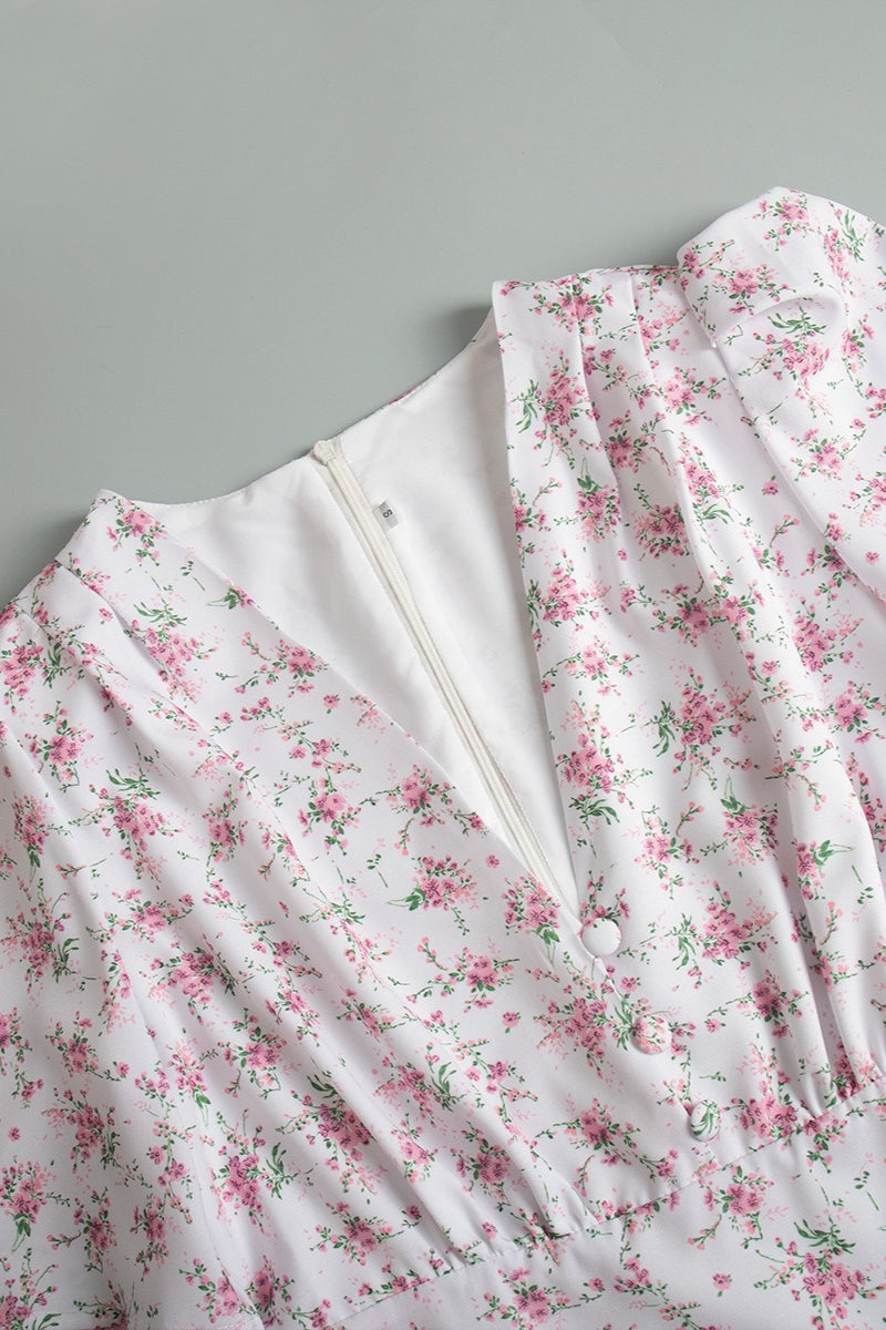 White Deep V Neck Puff Sleeve Empire Waist Button Detail Ditsy Floral Midi Dress