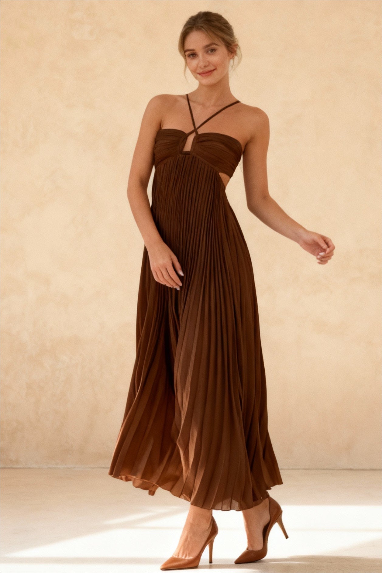 Pleated Halter Neck Cross Strap Keyhole Waist Cut Out Maxi Dress