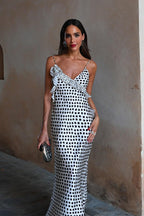 Satin Polka Dot Spaghetti Strap Ruffle Back Bodycon Maxi Dress