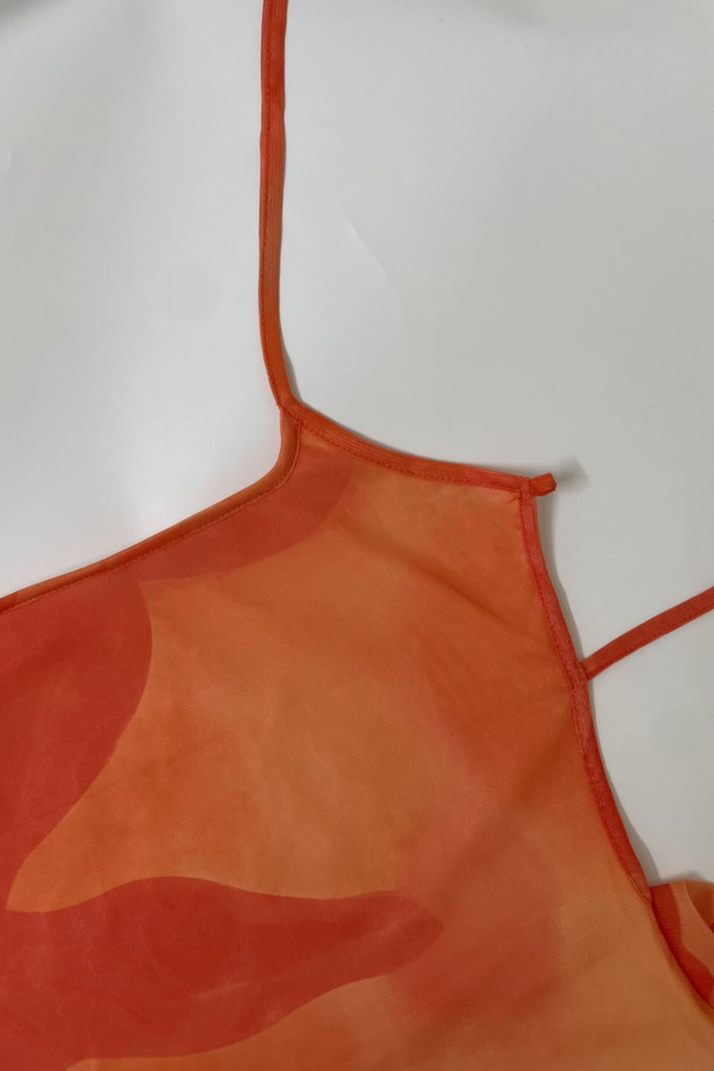 Orange Spaghetti Strap Square Neck Floral Print Mesh Overlay Side Slit Maxi Dress