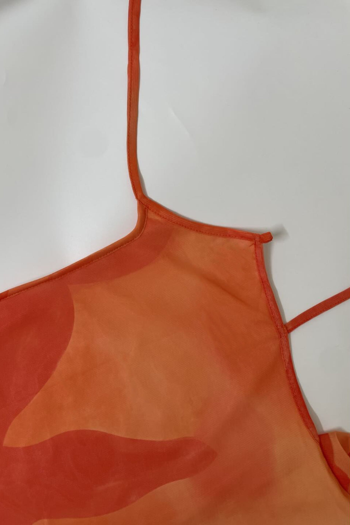 Orange Spaghetti Strap Square Neck Floral Print Mesh Overlay Side Slit Maxi Dress