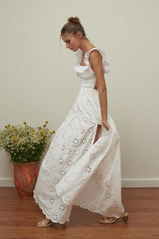Eyelet Floral Lace Ruffled Square Neck Smocked Waist Tiered High Split Maxi Dress