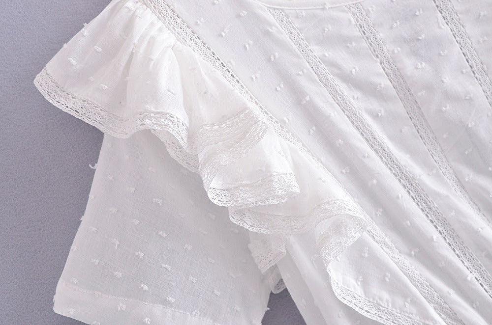 Eyelet Lace Ruffle Sleeve Smocked Waist Tiered Mini Dress