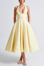 Elegant V Neck Halter Jacquard Sleeveless Backless Formal Dress