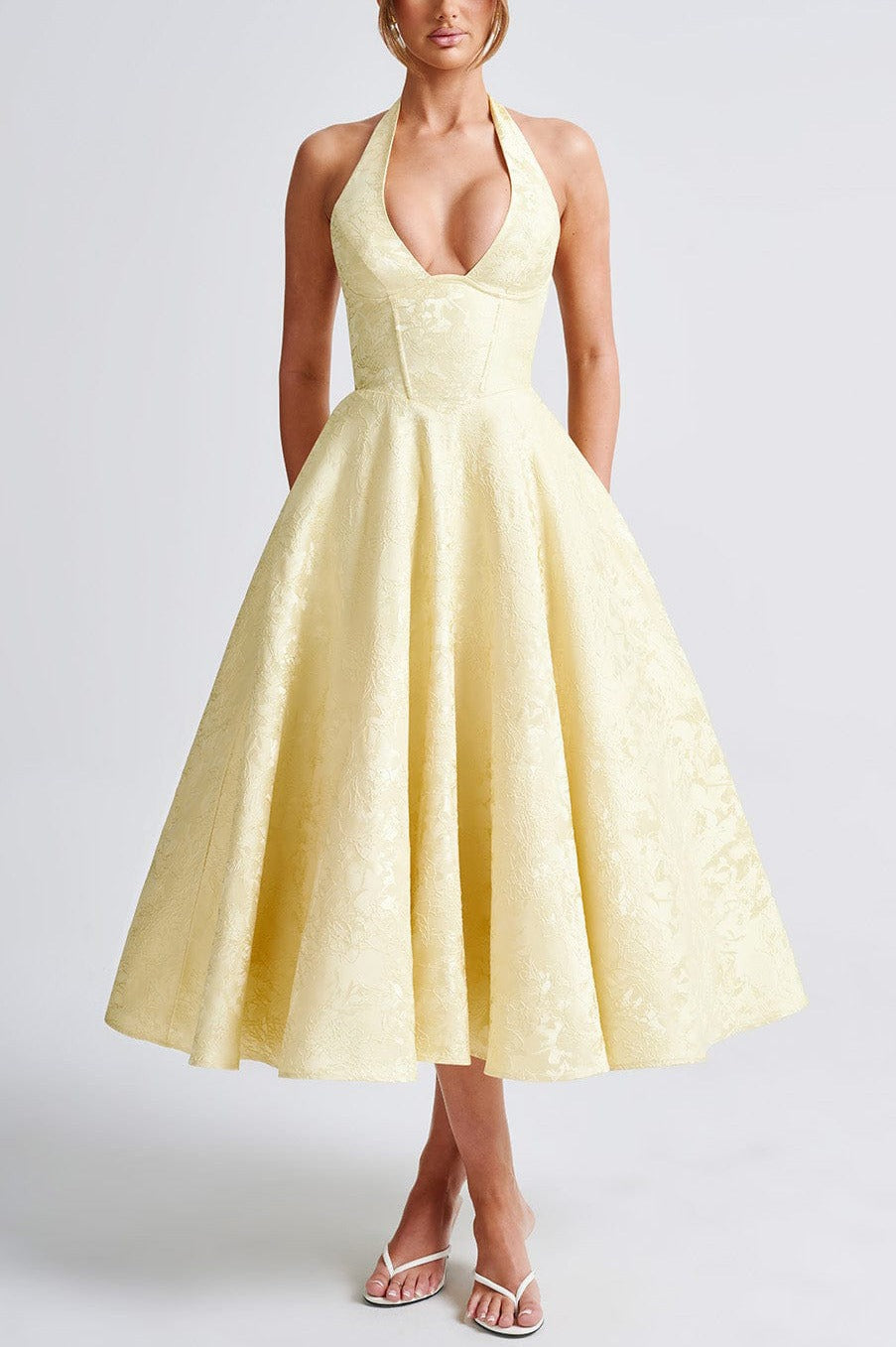 Jacquard Halter Neck Deep V-Neck Bustier Pleated A-Line Midi Dress