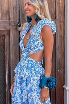 One Shoulder Ruffle Strap Cutout Tiered Blossom Print Maxi Dress