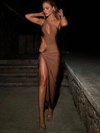 One Shoulder Keyhole Cut Out Draped Knot Side Slit Midi Dress