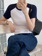 Contrast Color Stitching Crewneck Short Sleeve Knits