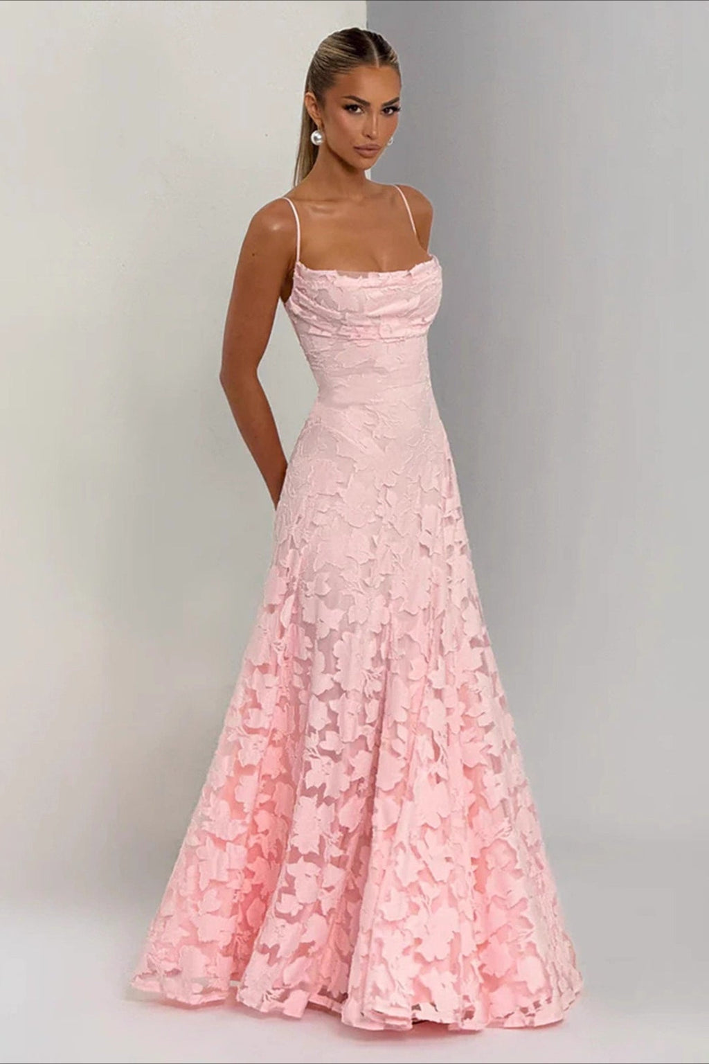 Spaghetti Strap Square Neck 3D Floral Lace Ruched Column Maxi Gown