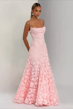 Spaghetti Strap Square Neck 3D Floral Lace Ruched Column Maxi Gown