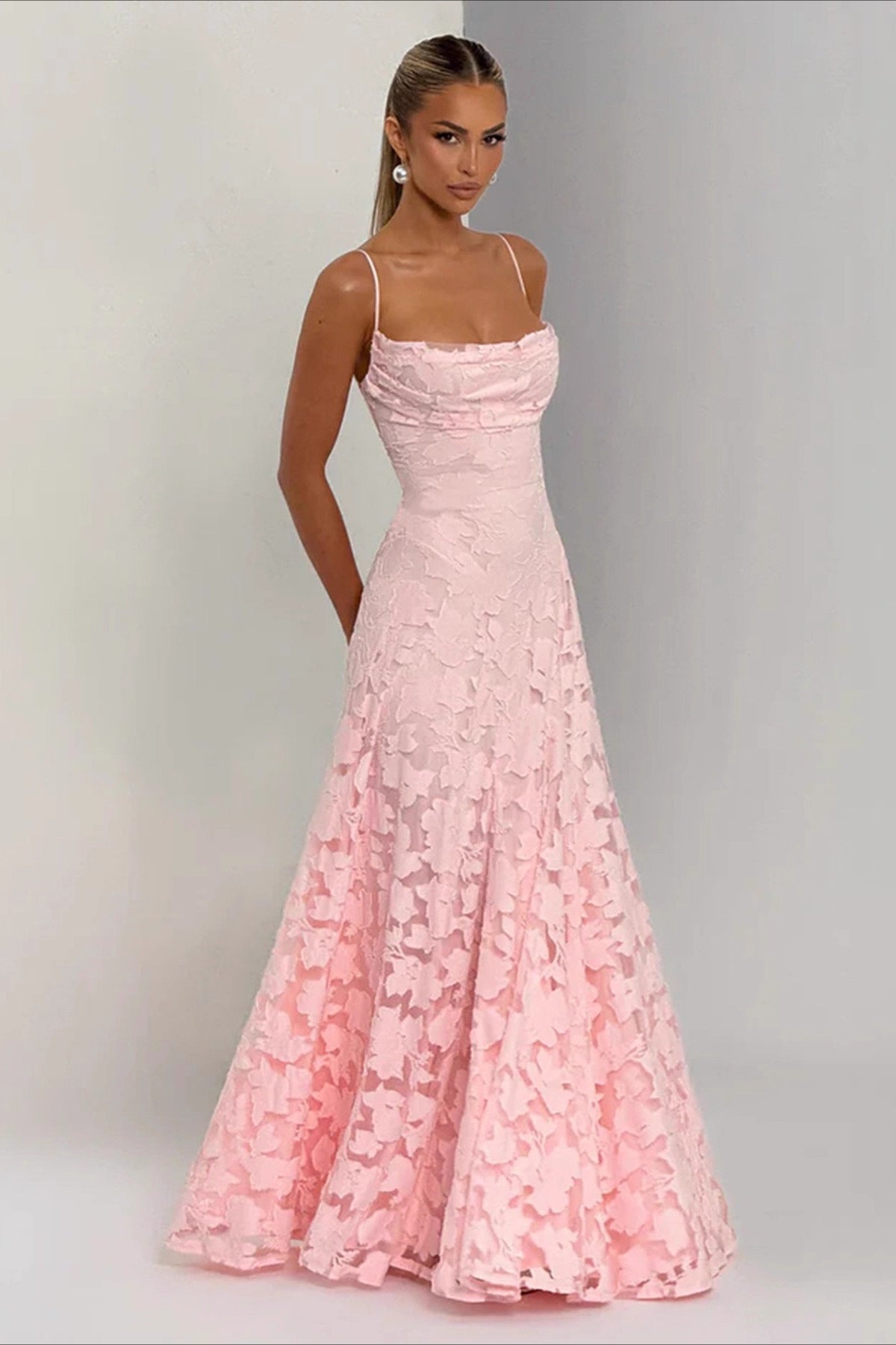 Spaghetti Strap Square Neck 3D Floral Lace Ruched Column Maxi Gown