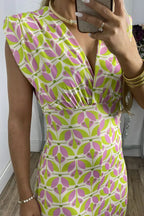 Geometric Print Padded Shoulder Center Slit Column Midi Dress