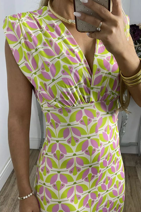 Geometric Print Padded Shoulder Center Slit Column Midi Dress