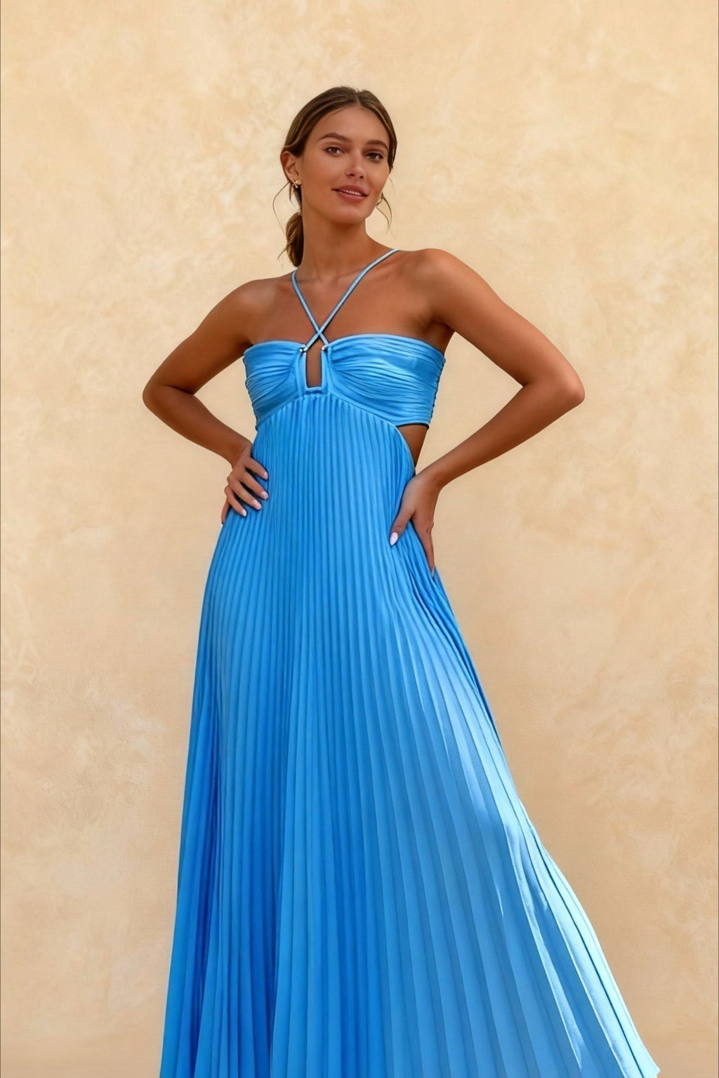 Pleated Halter Neck Cross Strap Keyhole Waist Cut Out Maxi Dress