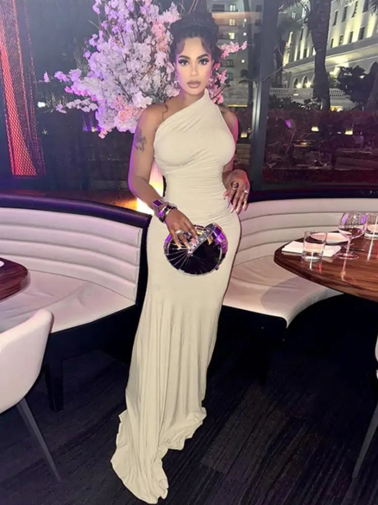 One Shoulder Ruched Gathered Bodycon Maxi Gown