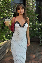 Polka Dot Lace Trim Deep V-Neck Bow Spaghetti Strap Slip Midi Dress