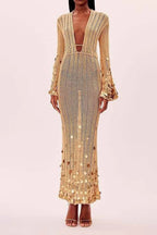 Sequin Knit Deep V-Neck Bell Sleeve Crochet Maxi Dress