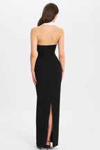 Halter Plunging V Tuxedo Lapel Button Front Bodycon Maxi Dress