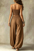 Olive Gypsy  pleated crop top and high-waisted wide-leg pants set