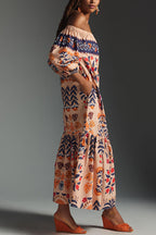 Off Shoulder Puff Sleeve Tiered Hem Tropical Print Pocket Maxi Dress