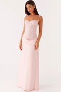 Lace Corset Sweetheart Spaghetti Strap Draped Waist Satin Maxi Gown