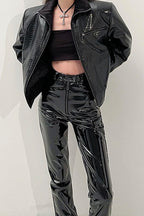 High Shine PU Leather Slim Straight Pants