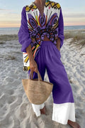 Abstract Print Oversized Shirt and Elastic Waist Pocket Pants Set
