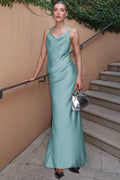 Satin Cowl Neck Spaghetti Strap Draped Side Gather Maxi Gown