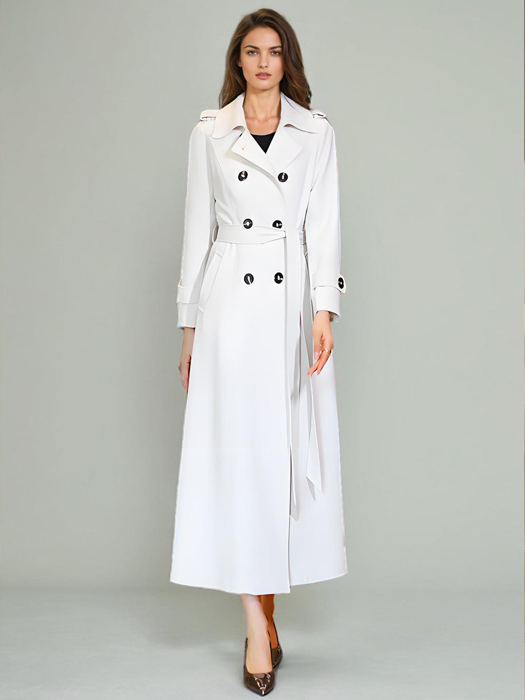 Trench Coat For Woman Quality Sash Turndown Collar Long Sleeves Full Length Coat