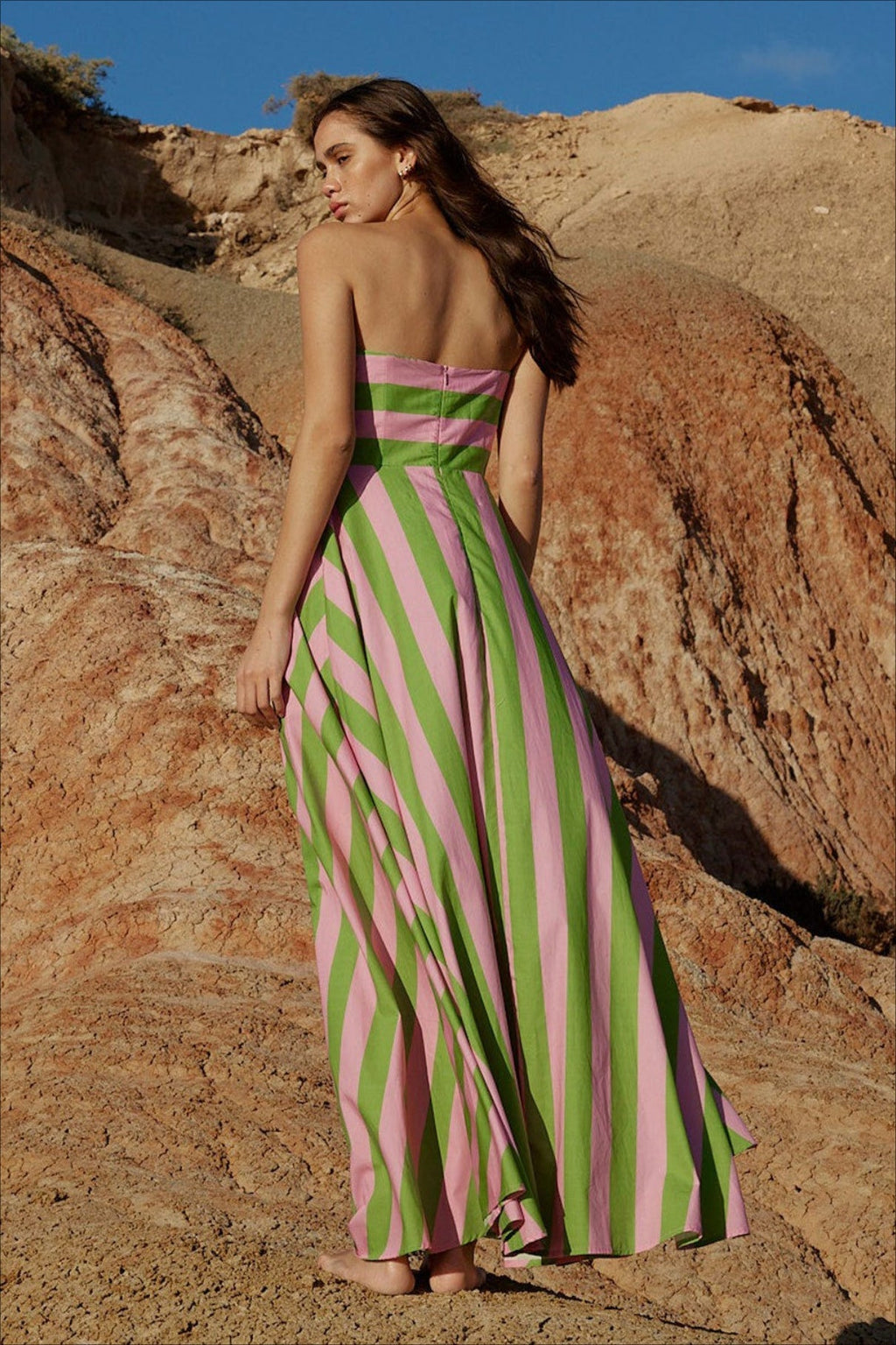 Spaghetti Strap Horizontal Diagonal Stripe A Line Maxi Dress