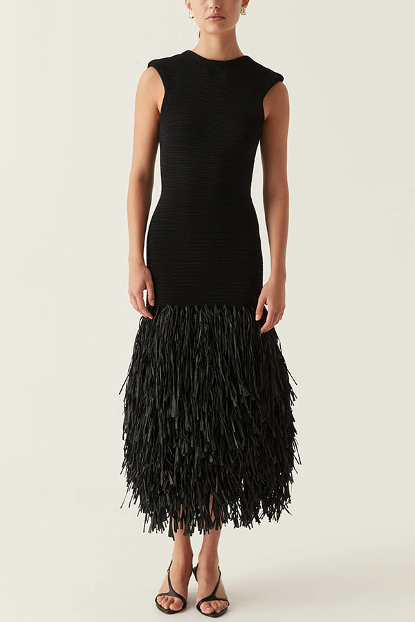 Sleeveless Crew Neck Tiered Fringed Hem Maxi Dress