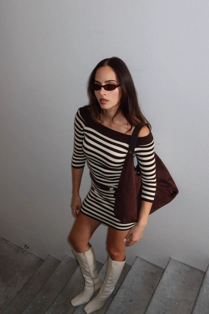 Horizontal Stripe Off Shoulder Belted Bodycon Mini Sweater Dress