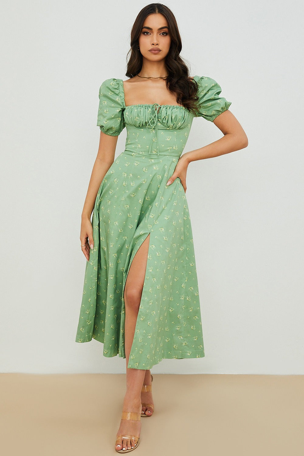 Floral Square Neck Puff Sleeve Ruched Tie Bust High Split Midi Dress