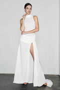 Mock Neck Sleeveless Draped Ruched Hip High Split Maxi Gown