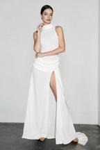 Mock Neck Sleeveless Draped Ruched Hip High Split Maxi Gown