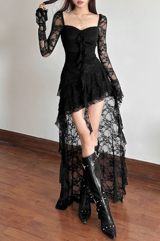 Lace Long Sleeve Lace Up Corset Sweetheart High Low Train Mini Dress