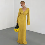 Crochet Deep V-Neck Bell Sleeve Open Knit Maxi Dress