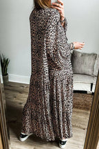 Avery Premium Apricot Tiered Leopard Print Maxi Dress with Wide Sleeves Chic Silhouette Collection