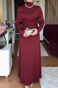 Solid Color High-neck Long-sleeved Crossover Waist Slim-fit Maxi Dress