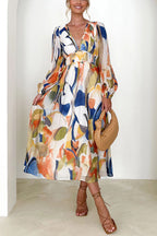 Abstract Watercolor Print Deep V-Neck Lantern Sleeve Smocked Waist Midi Dress