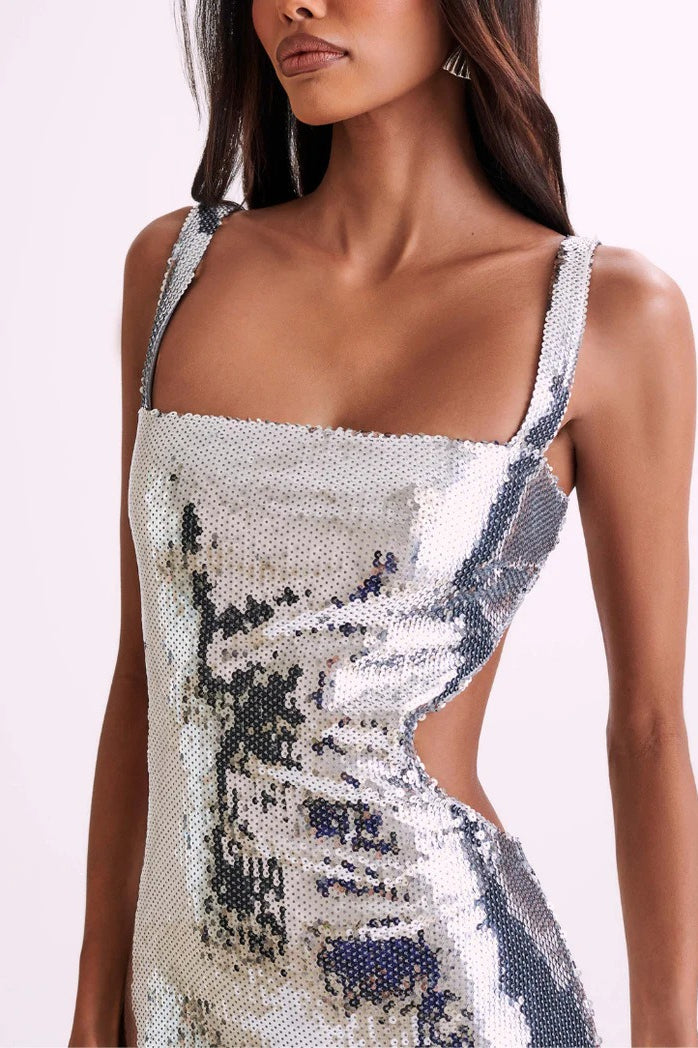 Sequin Square Neck Wide Strap Waist Cut Out Bodycon Maxi Gown