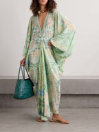 Botanical Print Deep V-Neck Batwing Sleeve Draped Maxi Dress