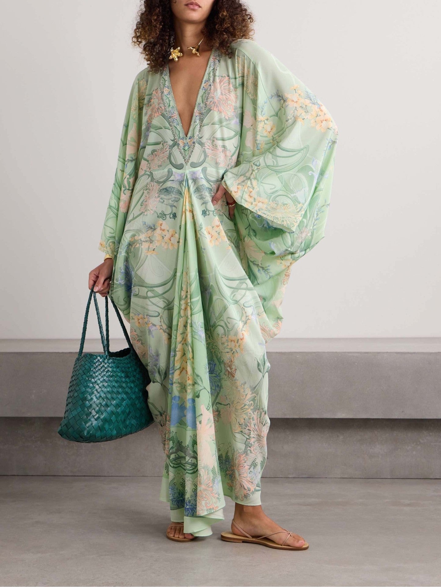 Botanical Print Deep V-Neck Batwing Sleeve Draped Maxi Dress