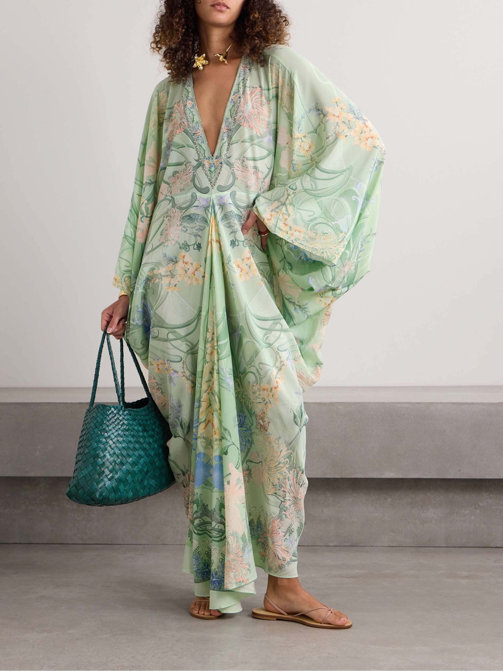 Botanical Print Deep V-Neck Batwing Sleeve Draped Maxi Dress